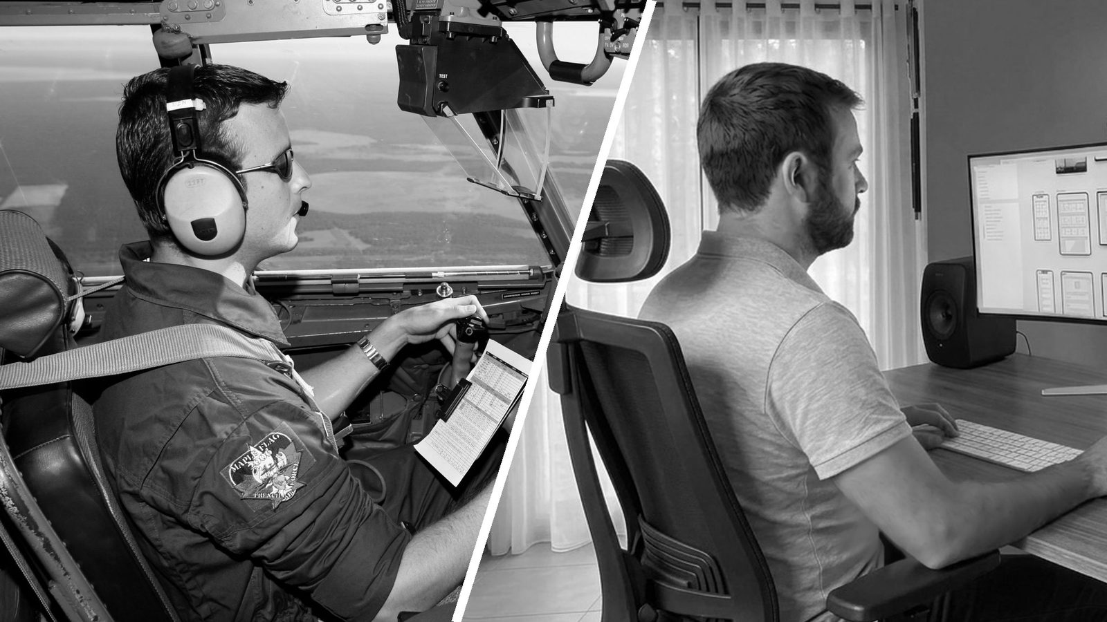 À gauche, Johanne aux commandes d'un avion de transport militaire. À droite, Johanne devant son écran large, en train de concevoir une maquette dans Figma.