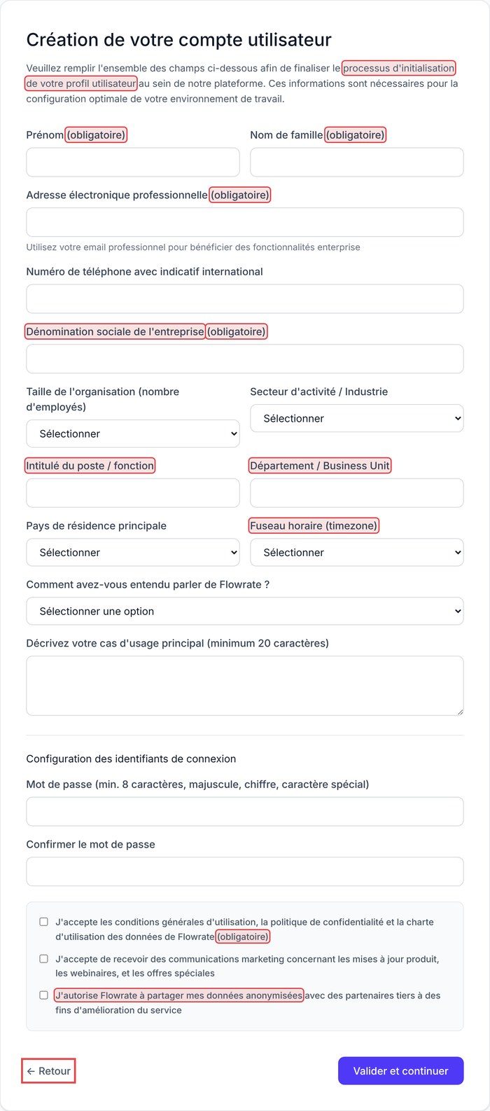 Formulaire de données personnelles de Flowrate avec les points de friction repérés