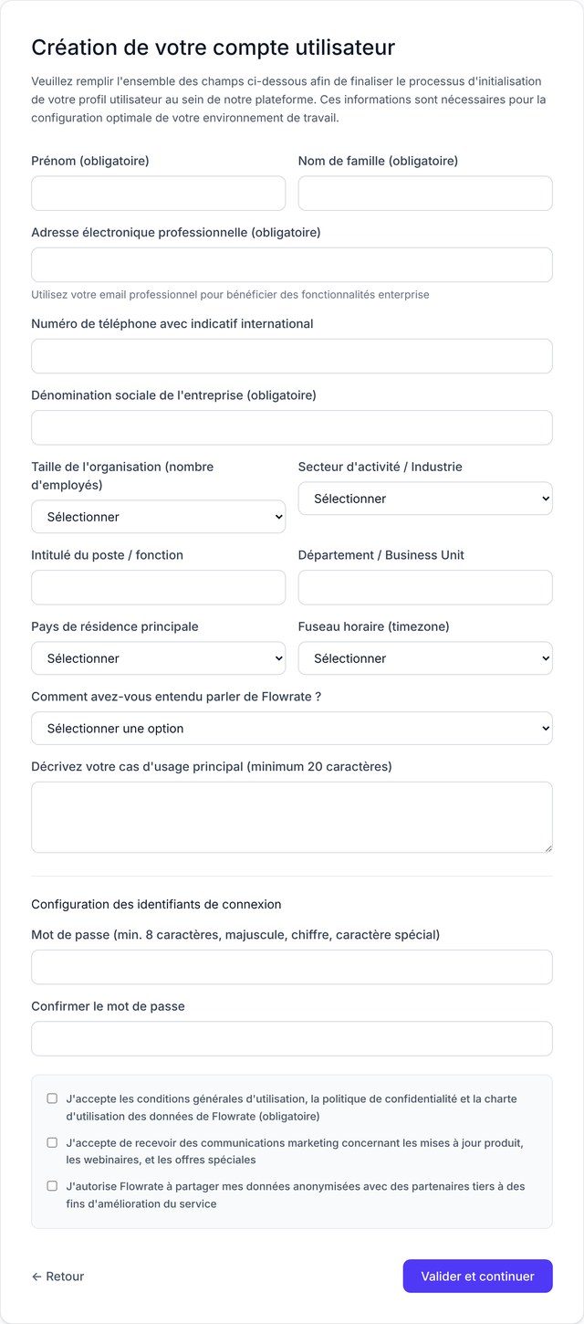 Formulaire d'inscription de Flowrate sur toute sa hauteur