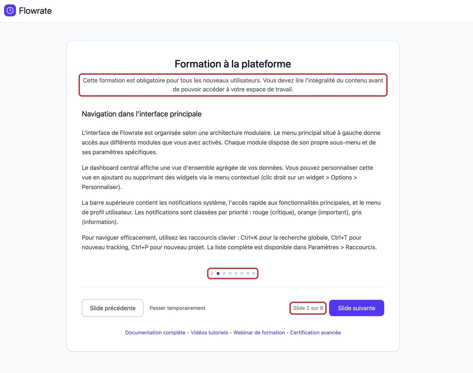 Étape de formation à la plateforme Flowrate : la mention « formation obligatoire », les points de progression et « Slide 2 sur 8 » sont entourés en rouge