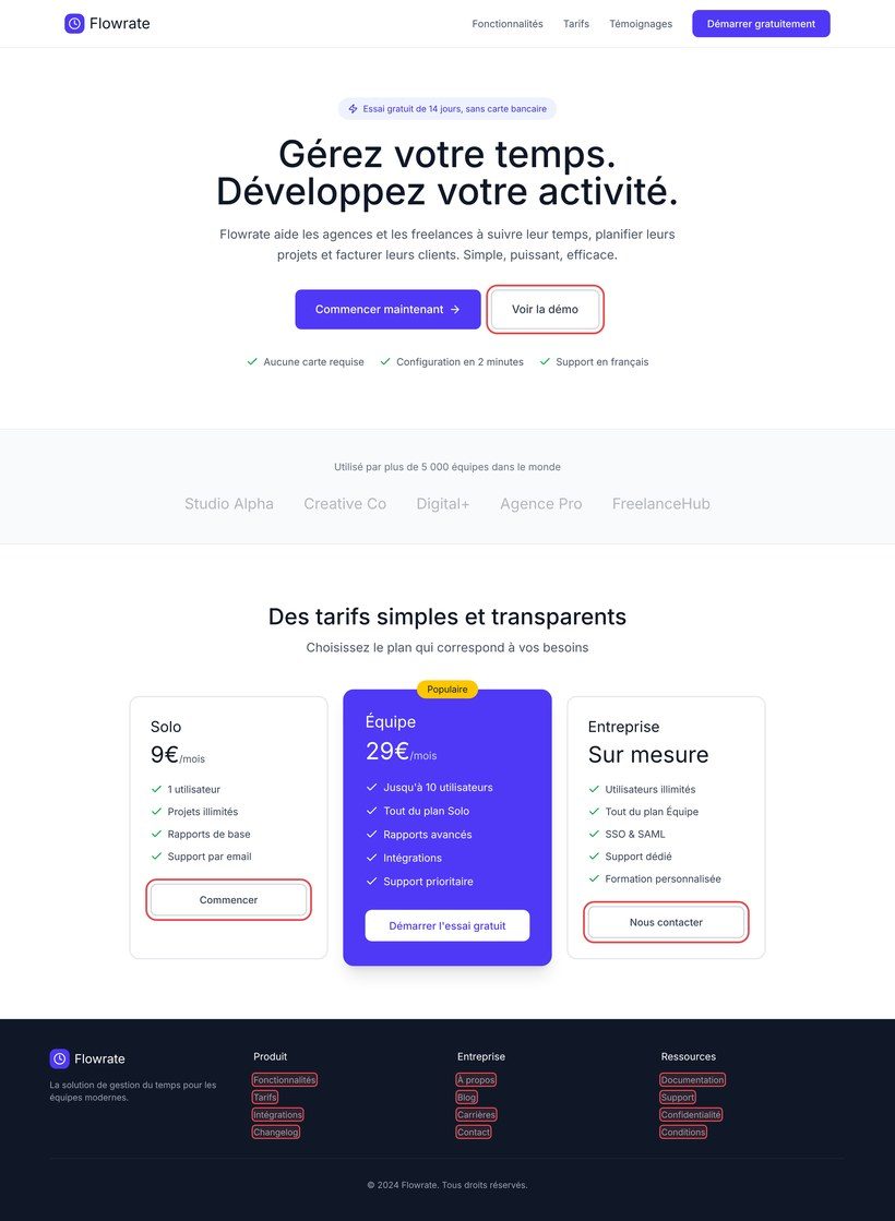 Page d'accueil du site Flowrate avec les points de friction repérés