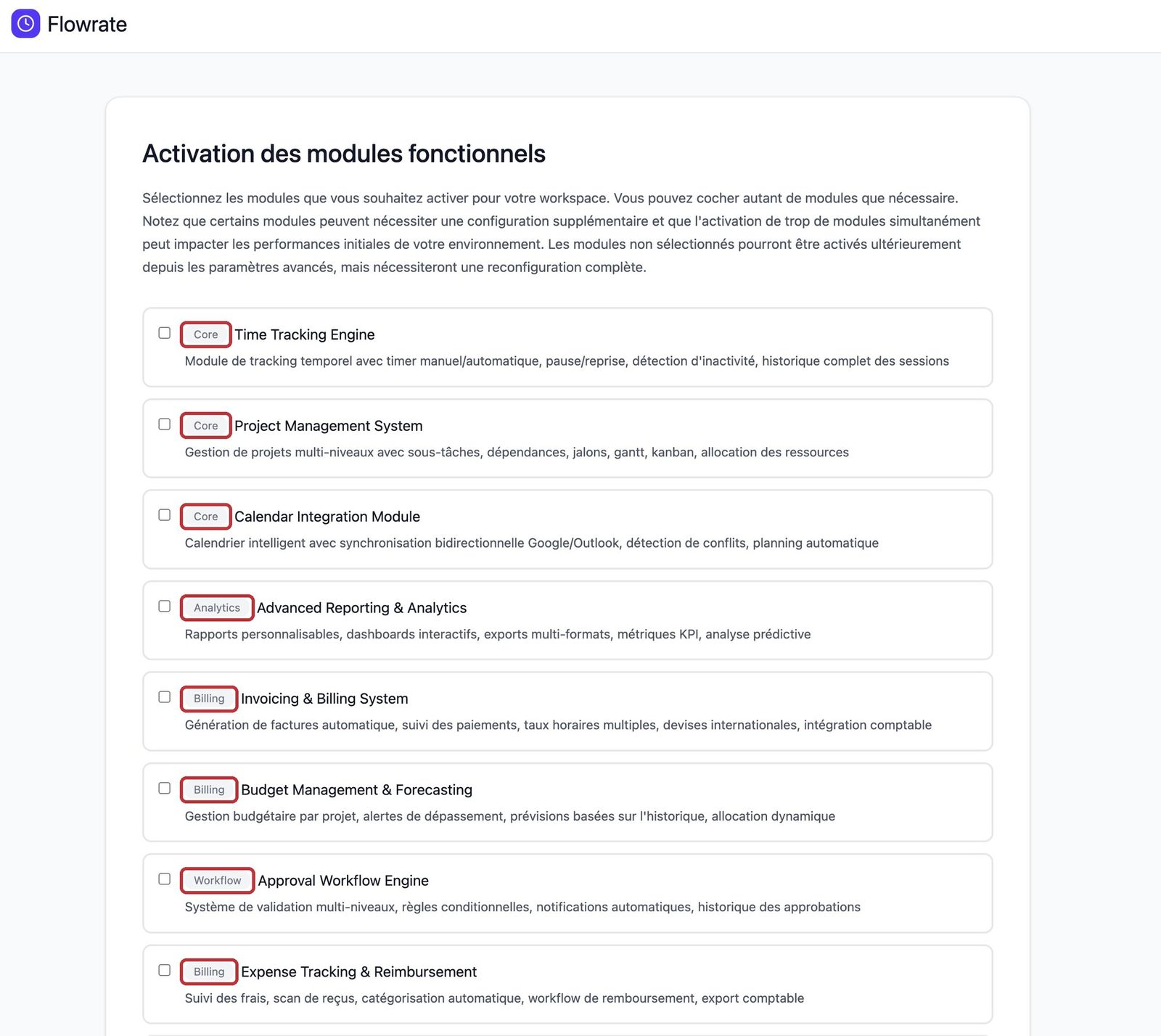Étape d'activation des modules fonctionnels de Flowrate : les étiquettes de catégorie (Core, Analytics, Billing, Workflow) sont entourées en rouge et se suivent sans ordre