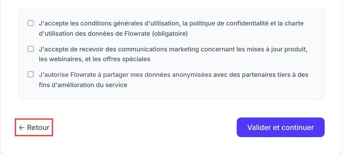 Bas du formulaire Flowrate : le bouton « Retour » est entouré en rouge