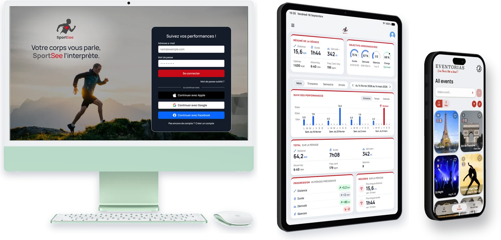 L'application SportSee sur trois appareils : l'écran de connexion sur un iMac, le tableau de bord sur un iPad et la page Events d'Eventorias sur un iPhone, l'iPad et l'iPhone vus de trois quarts