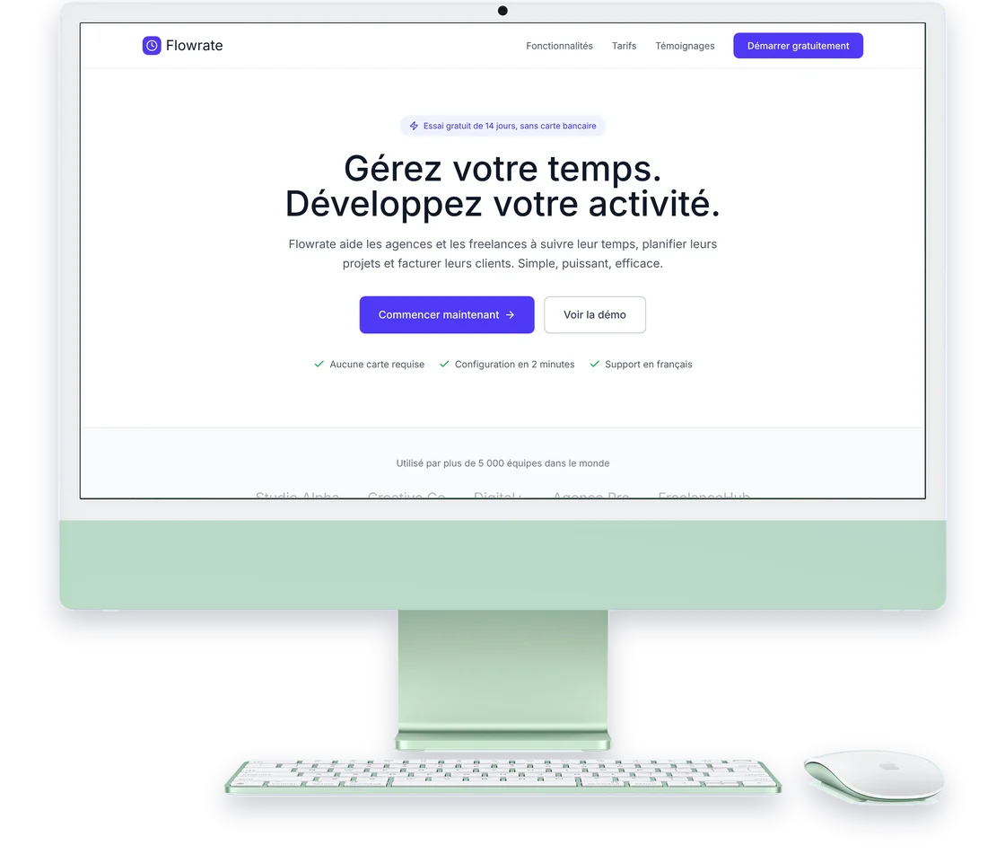 Page d'accueil de Flowrate, « Gérez votre temps. Développez votre activité. », affichée sur un iMac